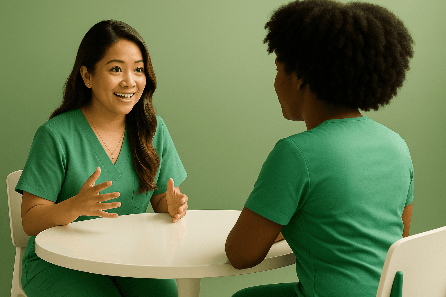 large hero image showing two healthcare professionals in green scrubs having a conversation at a white table against a sage green background